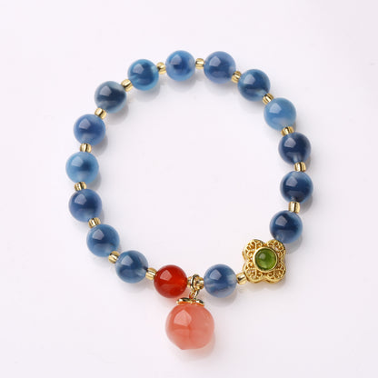 Temple with natural blue sugar heart onyx bracelet female / half sugar four-leaf clover good luck peach retro bracelet