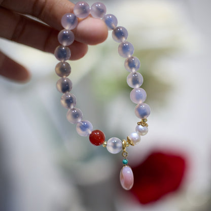 Temple with natural blue sugar heart onyx bracelet female / half sugar four-leaf clover good luck peach retro bracelet