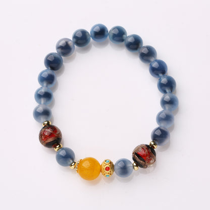 Temple with natural blue sugar heart onyx bracelet female / half sugar four-leaf clover good luck peach retro bracelet