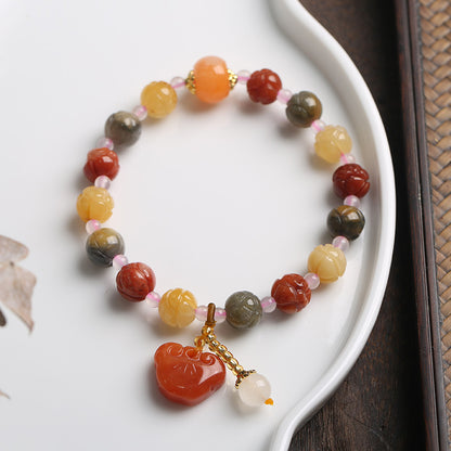 Temple Natural Xinjiang Pumpkin Bead Bracelet / Couples Retro National Style / Gourd Pumpkin Gold Silk Jade Hand Skewers