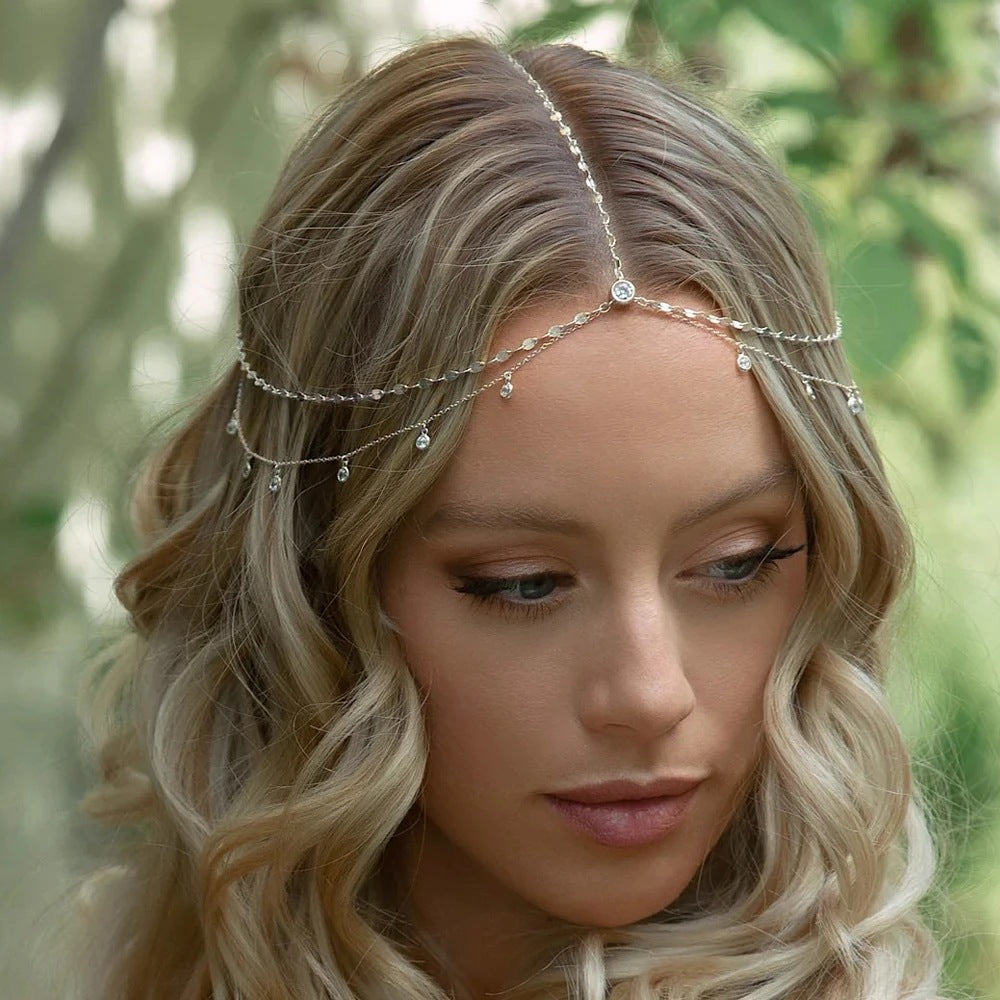 Braut Hochzeit Kopfschmuck Persönlichkeit wilde High-End-Strass-Anhänger Quaste Stirnkette Haarkette