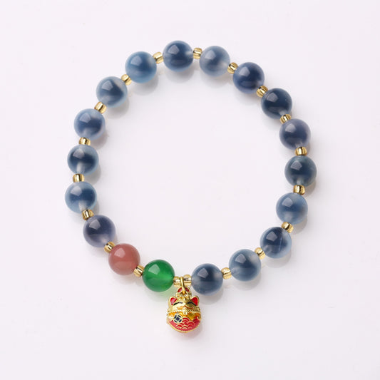 Temple with natural blue sugar heart onyx bracelet female / half sugar four-leaf clover good luck peach retro bracelet