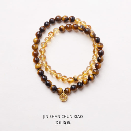 Natural Tiger Eye Stone Hand Skewers/Yellow Crystal Good Luck Double Circle Folded Bracelet/Yellow Ace Crystal Hand Skewers