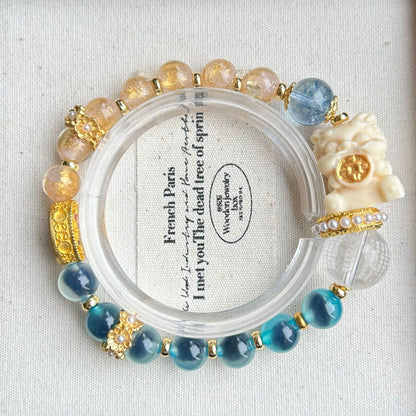 Temple with natural blue sugar heart onyx bracelet female / half sugar four-leaf clover good luck peach retro bracelet