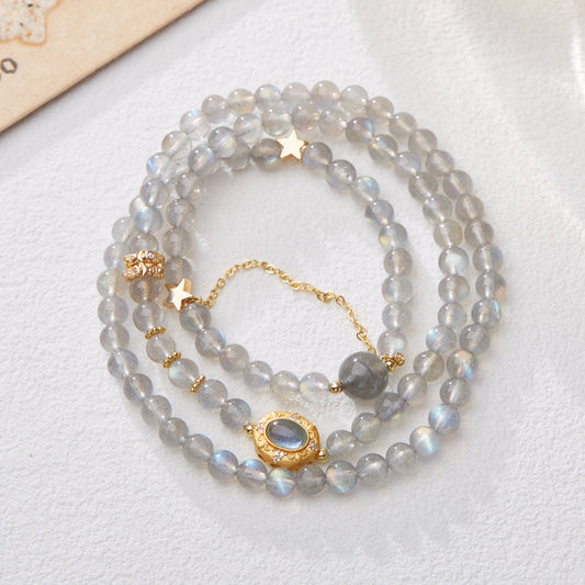 Natural Moonstone Crystal Bracelet Woman/S925 Silver Sea Blue Treasure Fairy Princess Three Circle Bracelet/Girlfriend Gift