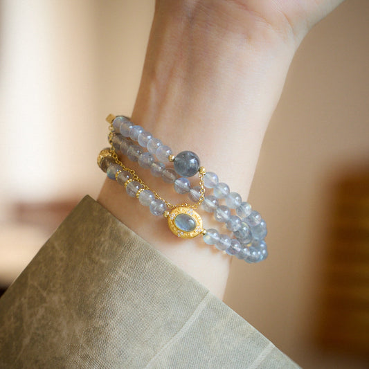 Natural Moonstone Crystal Bracelet Woman/S925 Silver Sea Blue Treasure Fairy Princess Three Circle Bracelet/Girlfriend Gift