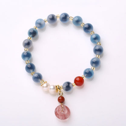 Temple with natural blue sugar heart onyx bracelet female / half sugar four-leaf clover good luck peach retro bracelet
