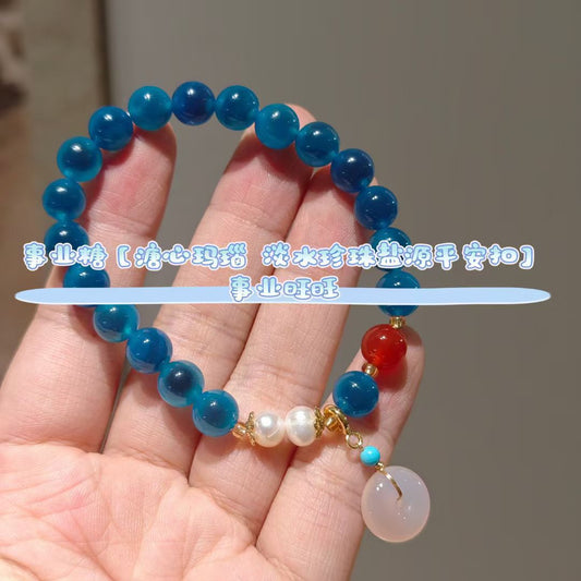 Temple with natural blue sugar heart onyx bracelet female / half sugar four-leaf clover good luck peach retro bracelet