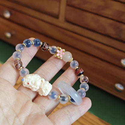 Temple with natural blue sugar heart onyx bracelet female / half sugar four-leaf clover good luck peach retro bracelet