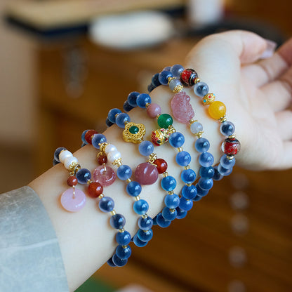 Temple with natural blue sugar heart onyx bracelet female / half sugar four-leaf clover good luck peach retro bracelet